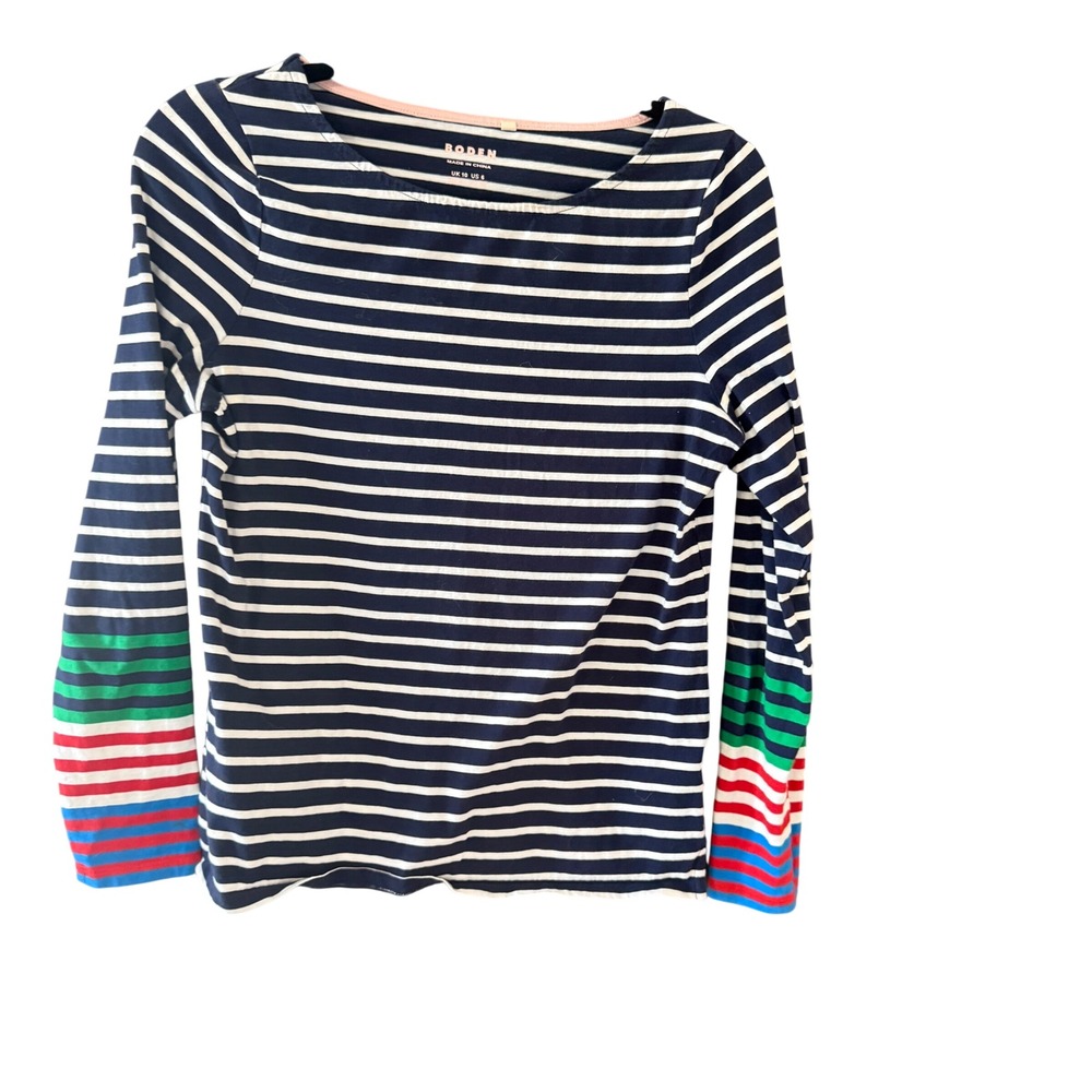 Boden Womens‎ Navy White Striped Long Sleeve Top Rainbow Cuff Cotton US 6 Ella